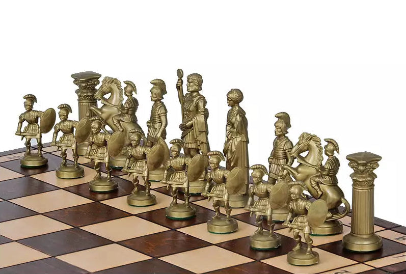 Spartan Chess Set - Gold & Black Weighted Pieces On Burned Hardwood Board