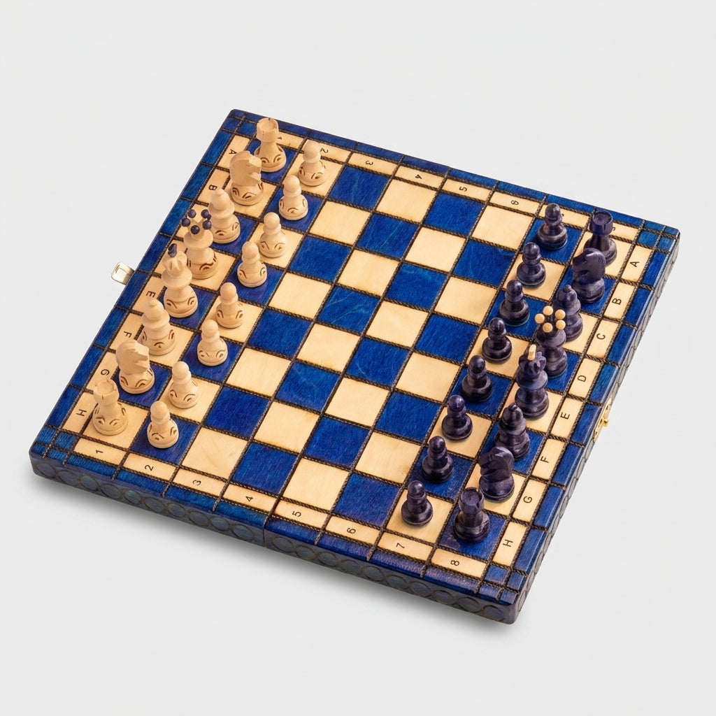 Pearl Blue & Natural Chess Set - Hand-Crafted Beech Pieces & Folding Storage Board