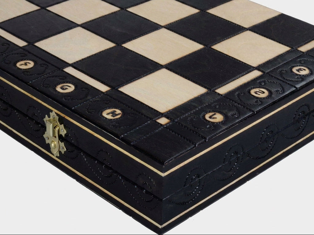 Ambassador Black Chess Set - Burned Ornamental Pieces