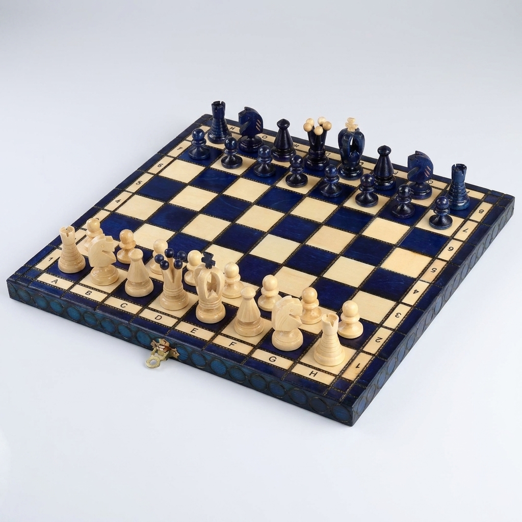 King's Blue Chess Set - Sycamore Pieces & Blue Folding Board