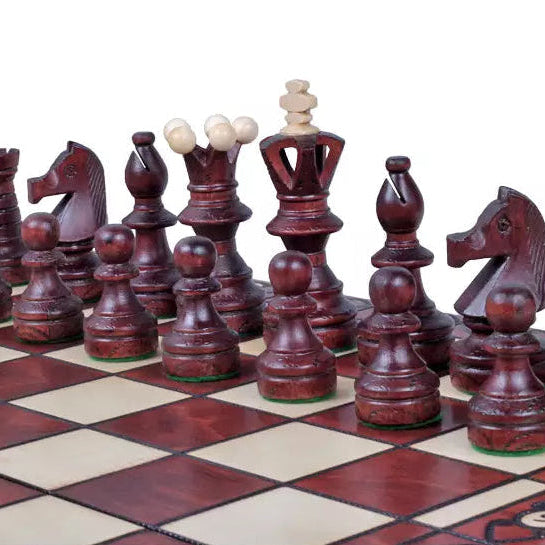 Ambassador Chess Set - Burned Ornamental Pieces & Large Folding Board