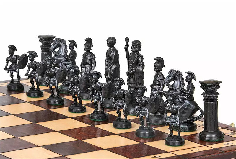 Spartan Chess Set - Gold & Black Weighted Pieces On Burned Hardwood Board