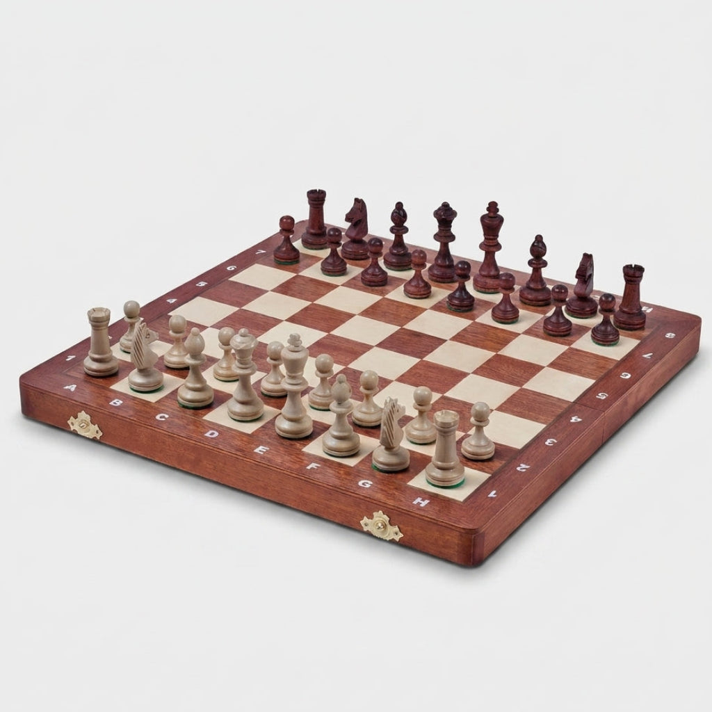 Weighted Folding Chess Set - Intarsia Board & Double Queens Included