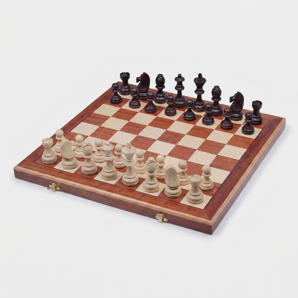 Chess Set - Intarsia Folding Board & Built-In Storage Tray