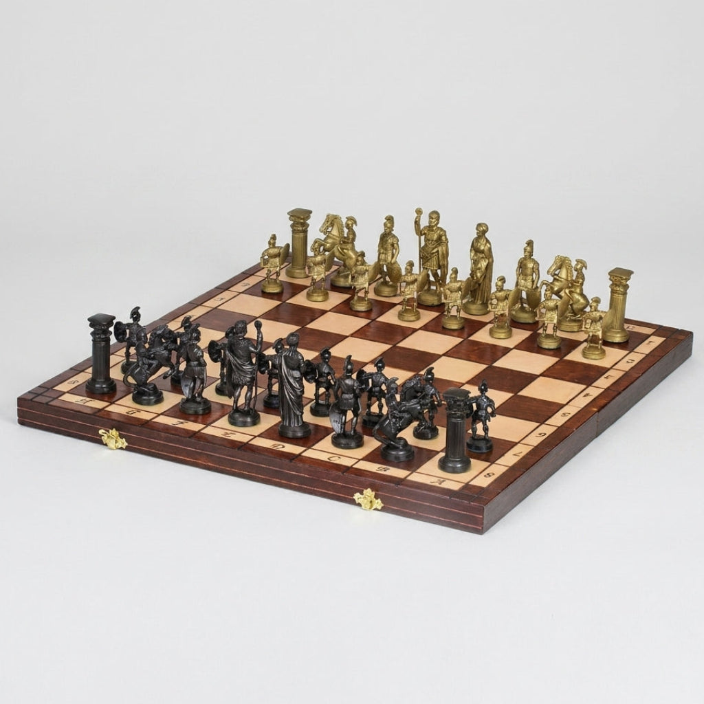 Spartan Chess Set - Gold & Black Weighted Pieces On Burned Hardwood Board