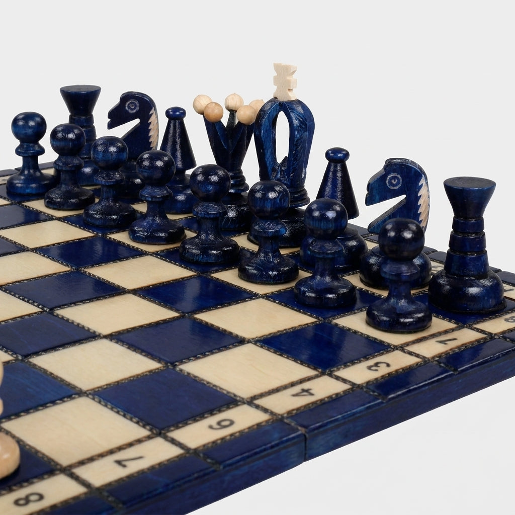 King's Blue Chess Set - Sycamore Pieces & Blue Folding Board