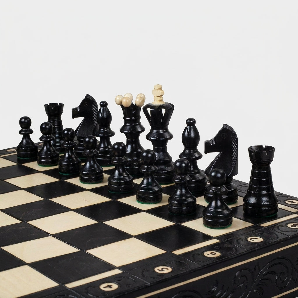 Ambassador Black Chess Set - Burned Ornamental Pieces