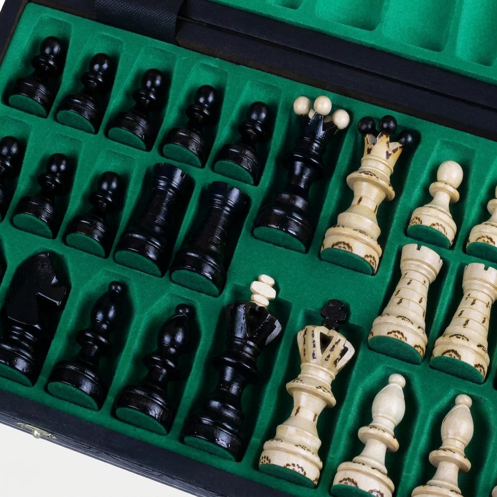 Ambassador Black Chess Set - Burned Ornamental Pieces