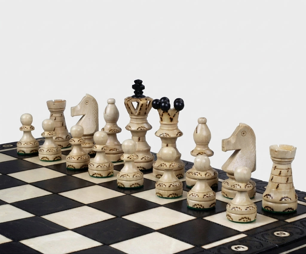 Ambassador Black Chess Set - Burned Ornamental Pieces
