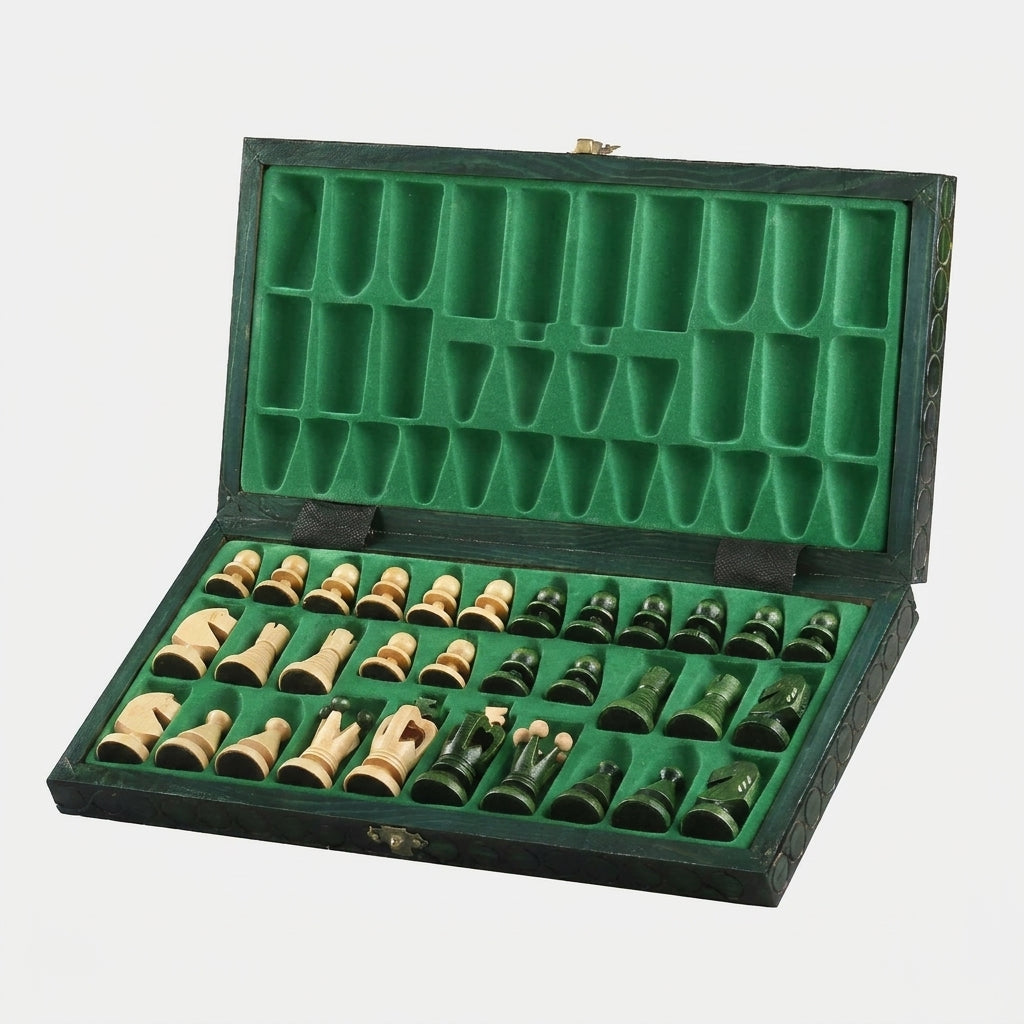 King's Green Chess Set — Sycamore Pieces & Green Folding Board
