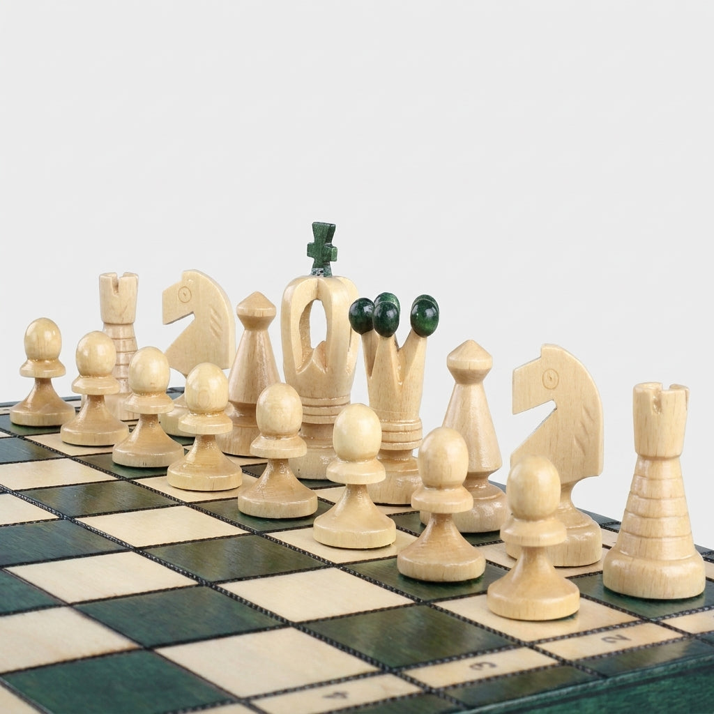 King's Green Chess Set — Sycamore Pieces & Green Folding Board