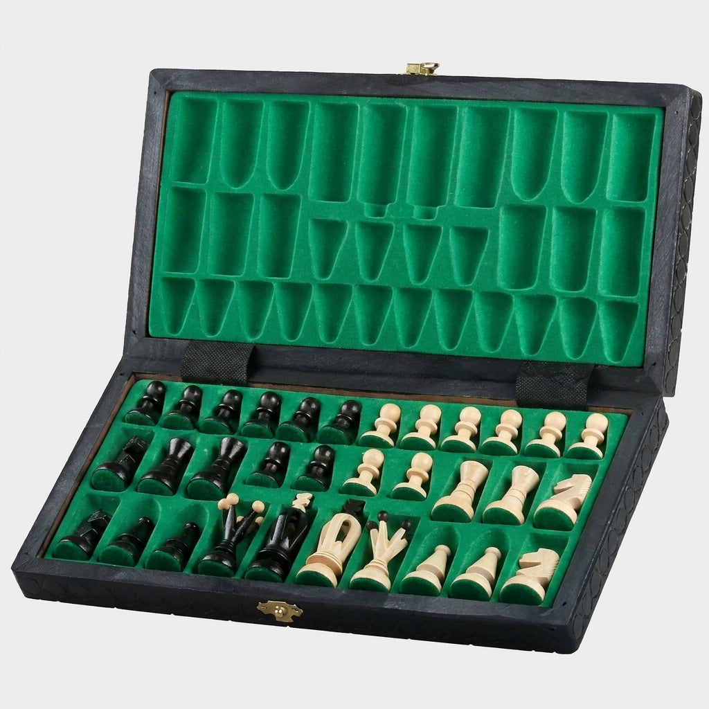King's Black Chess Set - Sycamore Pieces & Black Folding Board