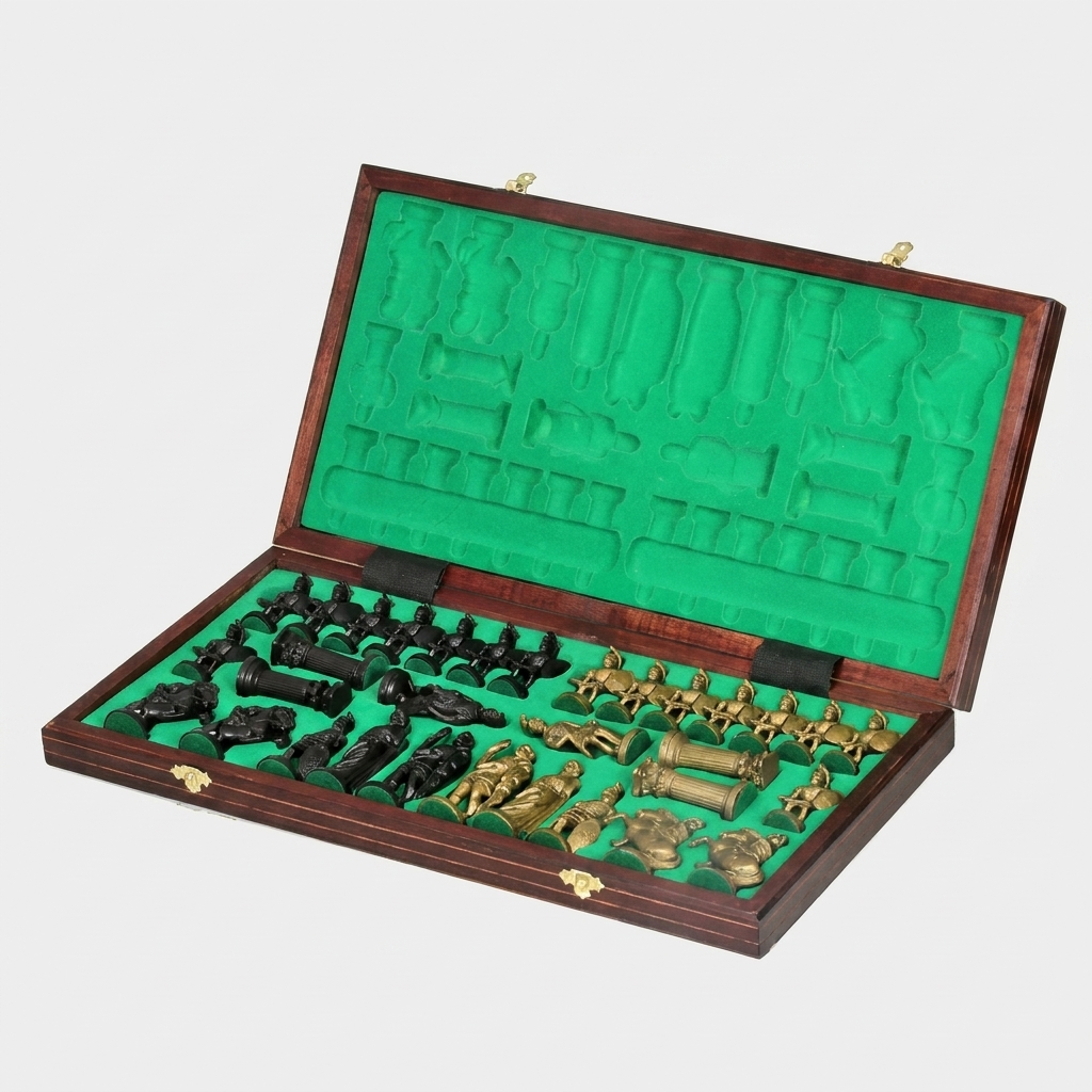 Spartan Chess Set - Gold & Black Weighted Pieces On Burned Hardwood Board