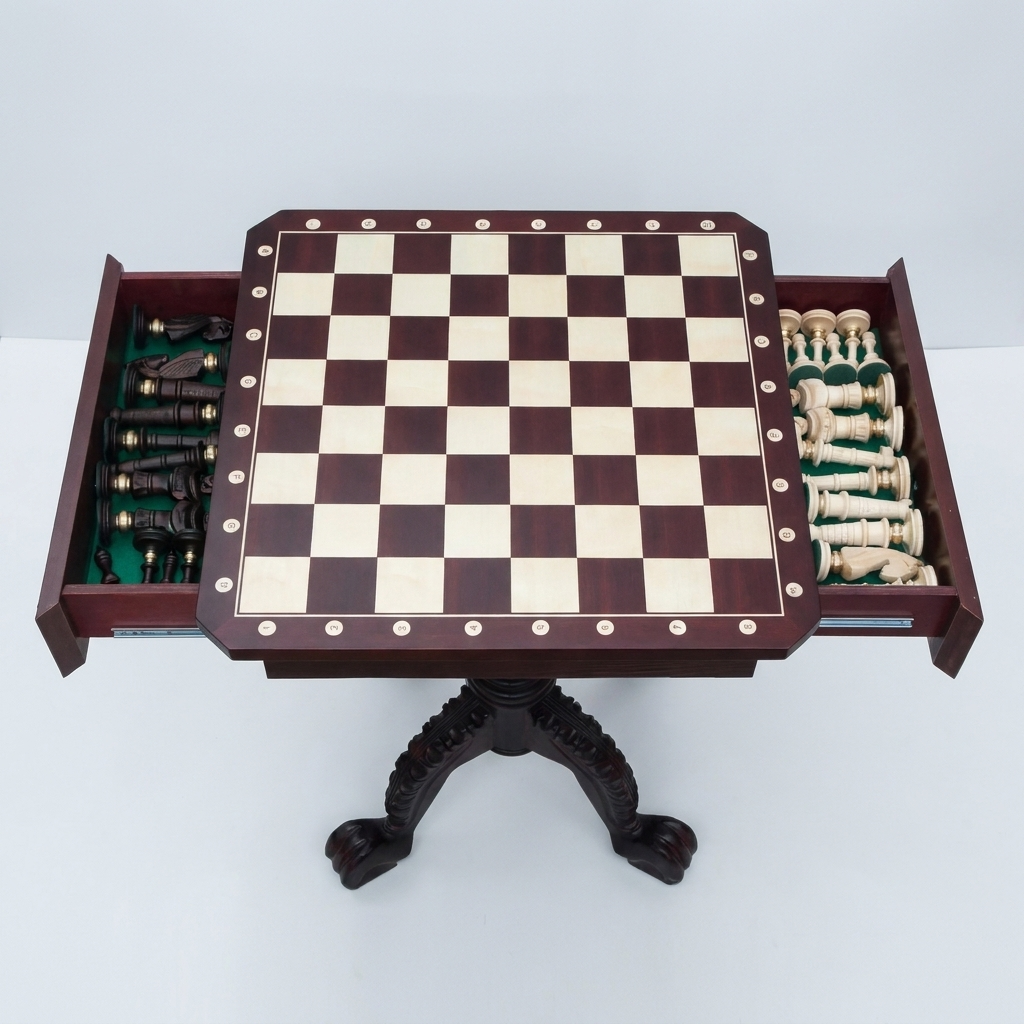 Luxury Mahogany Chess Table - Inlaid Playing Surface & Built-In Storage Drawers