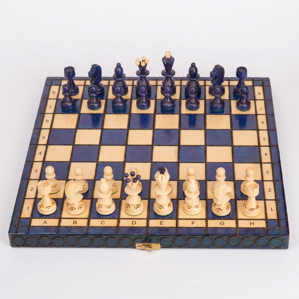Pearl Blue & Natural Chess Set - Hand-Crafted Beech Pieces & Folding Storage Board