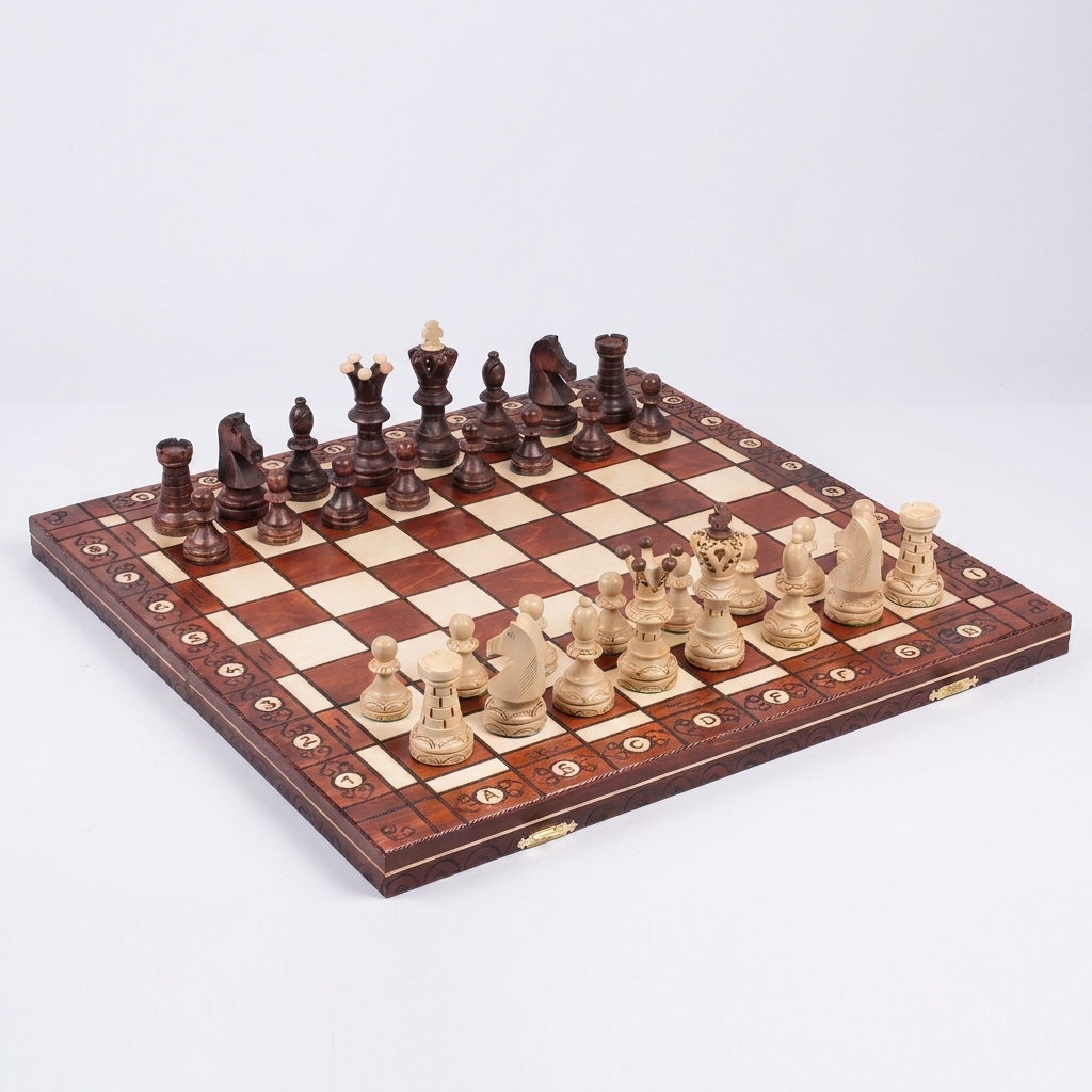 Ambassador Chess Set - Burned Ornamental Pieces & Large Folding Board