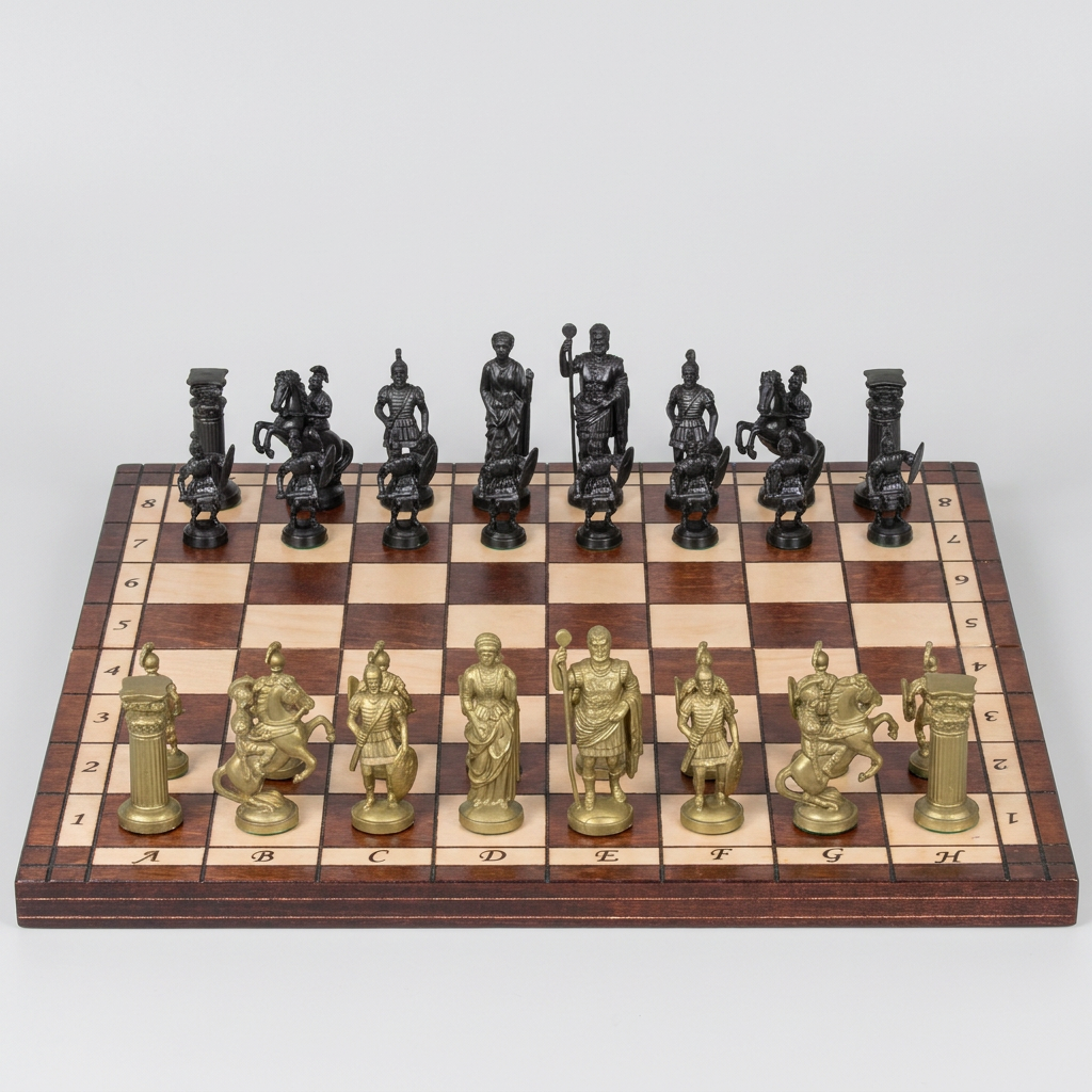 Spartan Chess Set - Gold & Black Weighted Pieces On Burned Hardwood Board