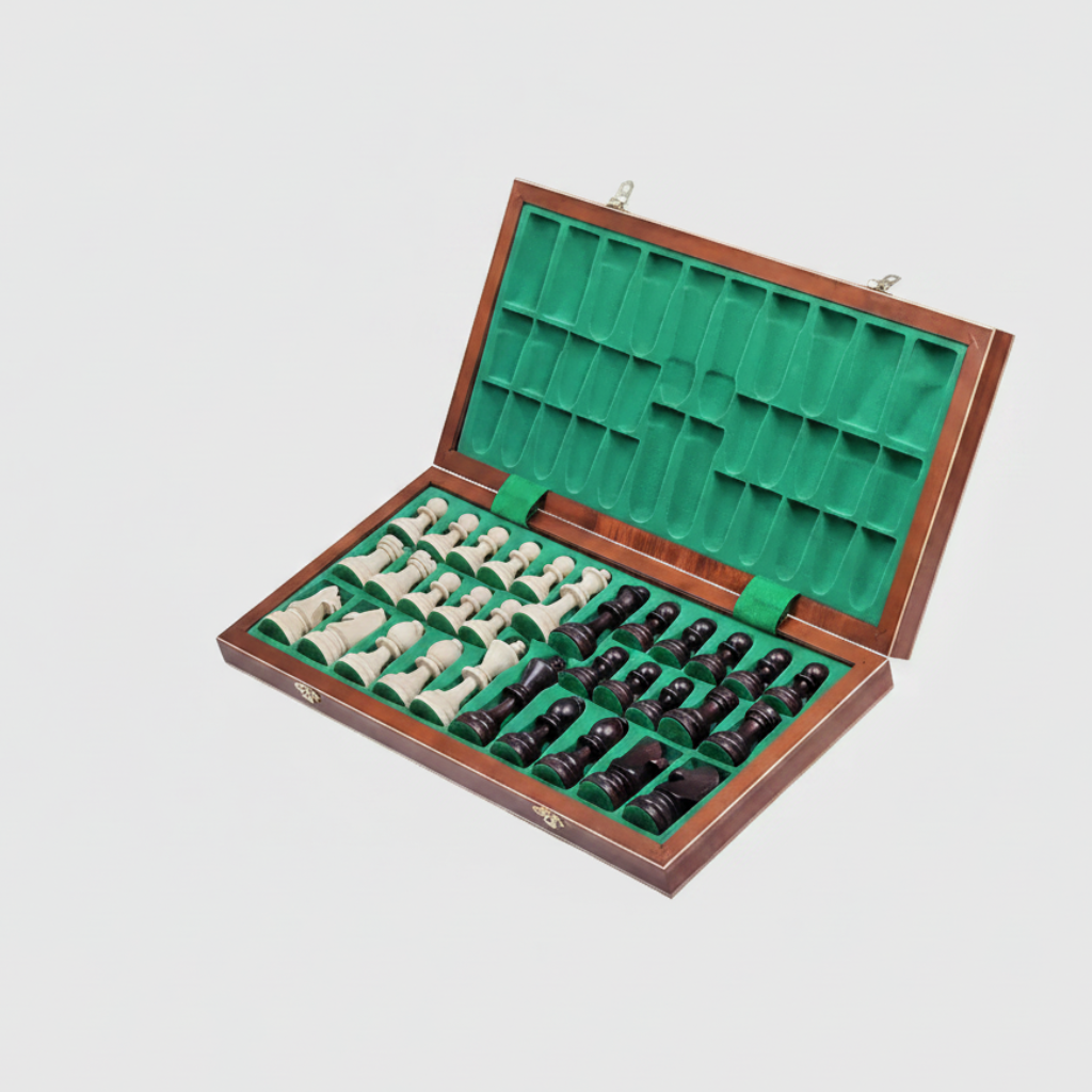 Chess Set - Intarsia Folding Board & Built-In Storage Tray